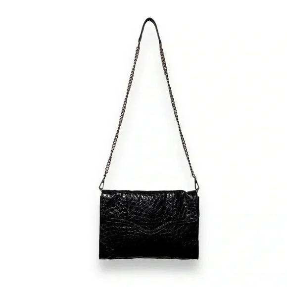 Rebecca Minkoff Black Leather Croc Embossed Silver Chain Crossbody Bag Purse - Picture 2 of 10